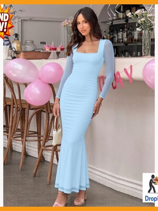 Ruched Bodycon Maxi Dress Long Sleeve Mesh Square Neck Elegant Cocktail Party - Picture 5 of 6